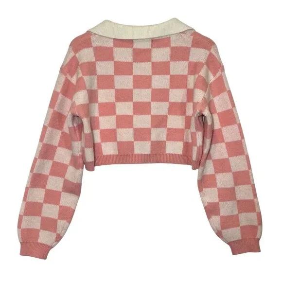Cider Women's Crop Sweater Pink Checkerboard Small Size  Long Sleeves - Picture 2 of 7